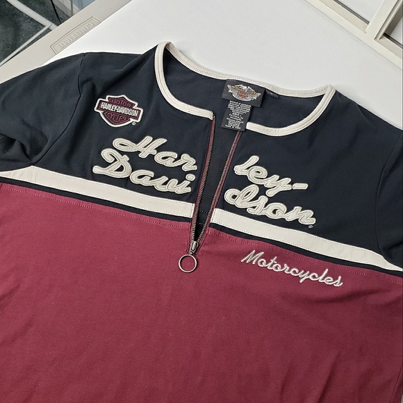 Harley Davidson Quarter Zip Colorblock Embroidered Applique Patch Hog Tee - Picture 9 of 12